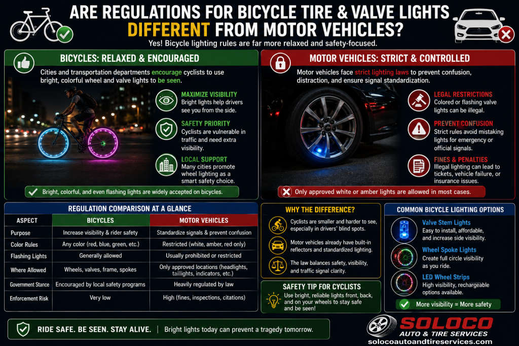 Are regulations for bicycle tire and valve lights different from motor vehicles