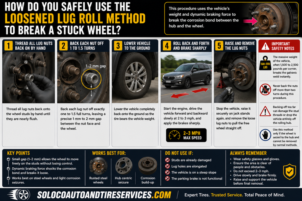 How Do You Safely Use the Loosened Lug Roll Method to Break a Stuck Wheel