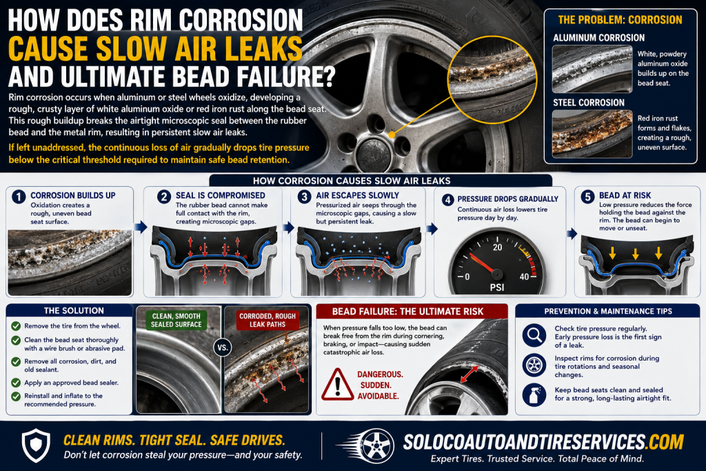 How does rim corrosion cause slow air leaks and ultimate bead failure