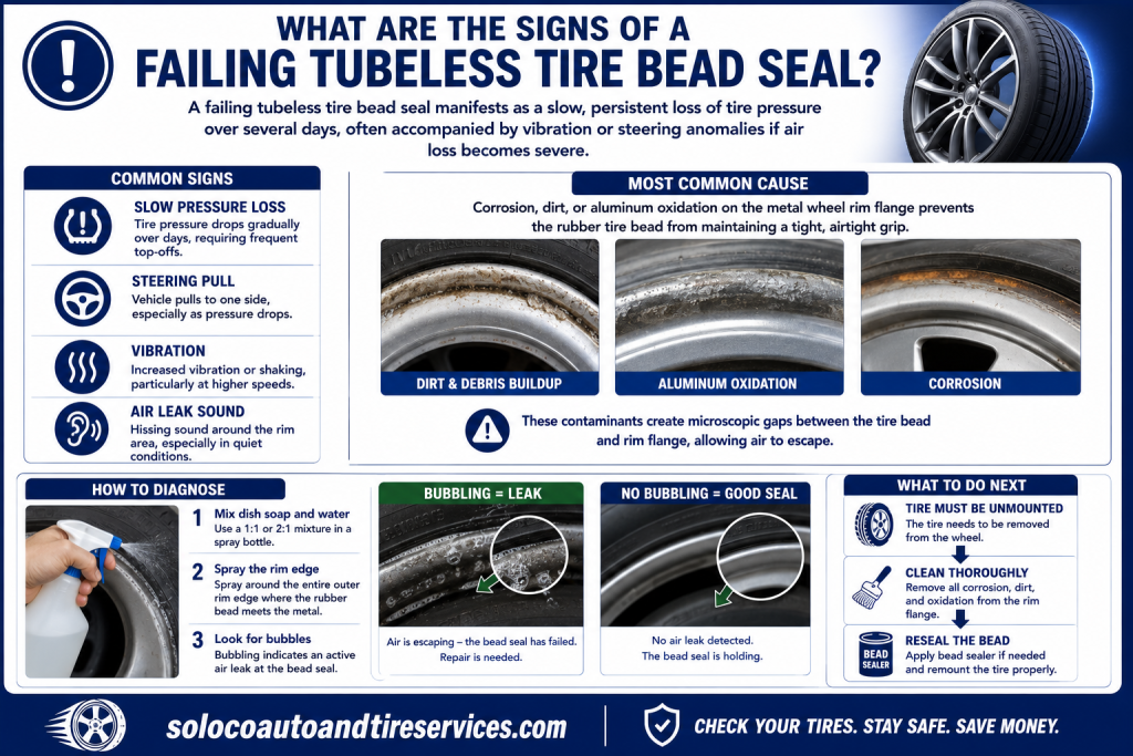 What are the signs of a failing tubeless tire bead seal