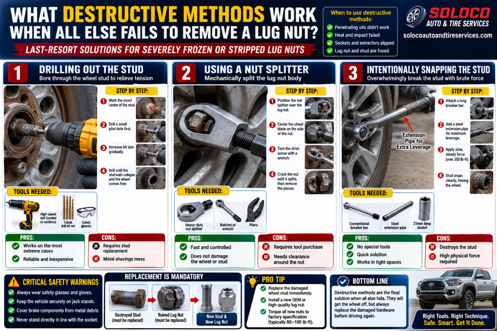 What destructive methods work when all else fails to remove a lug nut