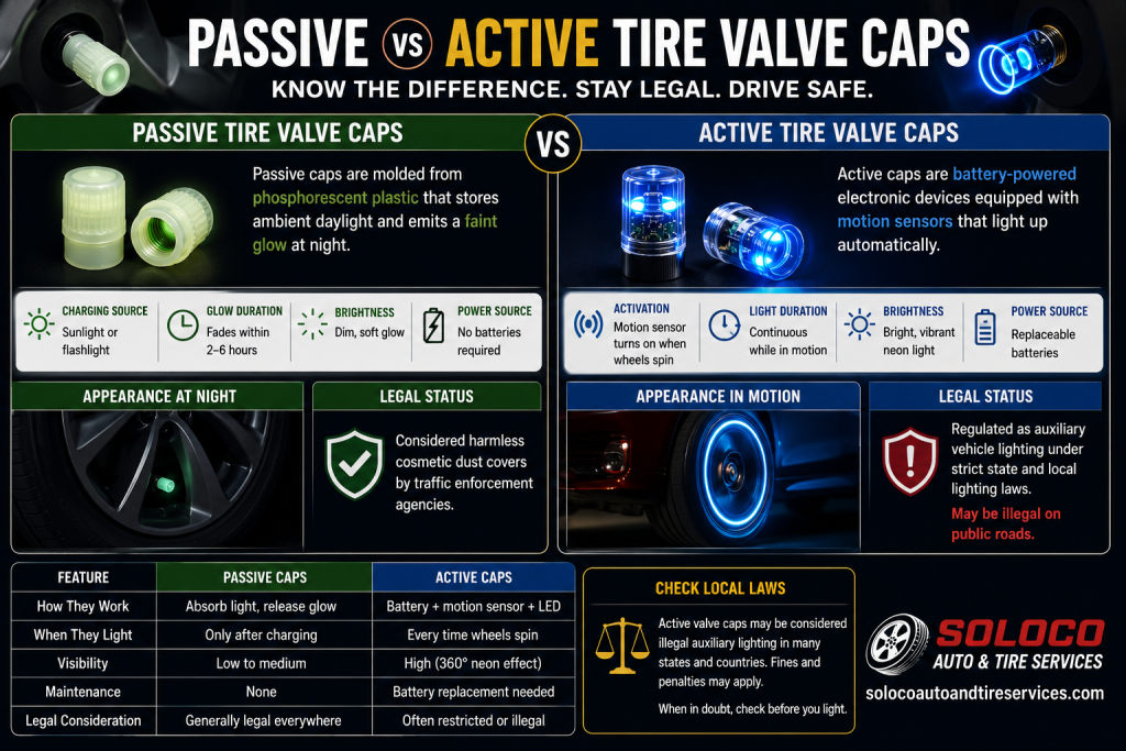 What is the difference between passive and active tire valve caps