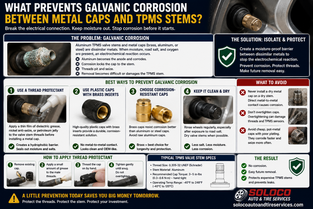 What prevents galvanic corrosion between metal caps and TPMS stems