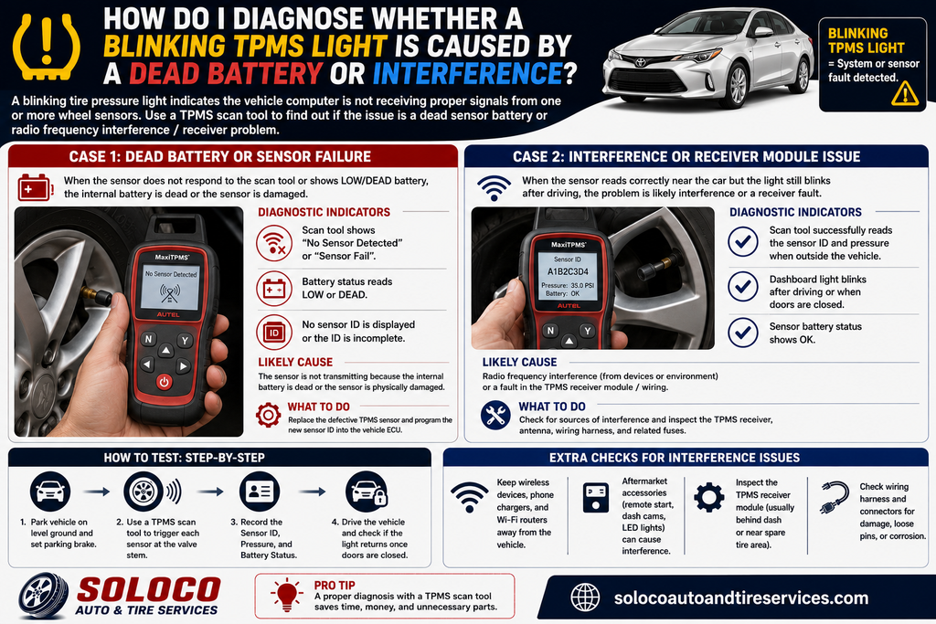 How Do I Diagnose Whether a Blinking TPMS Light Is Caused by a Dead Battery or Interference