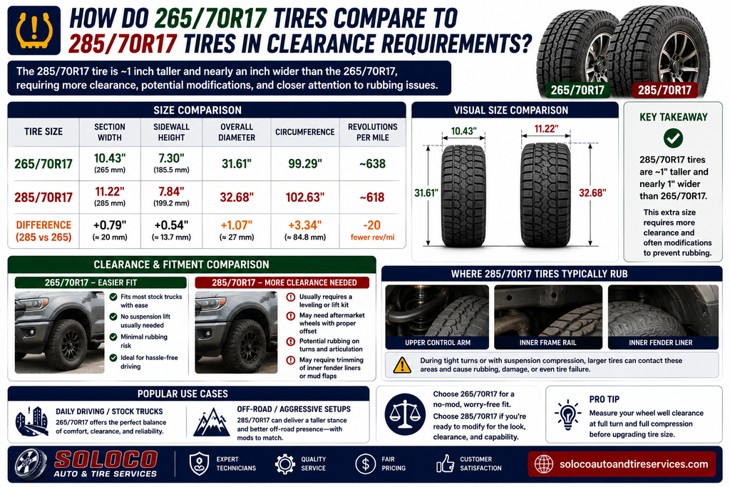 How do 265 and 70R17 tires compare to 285 and 70R17 tires in clearance requirements