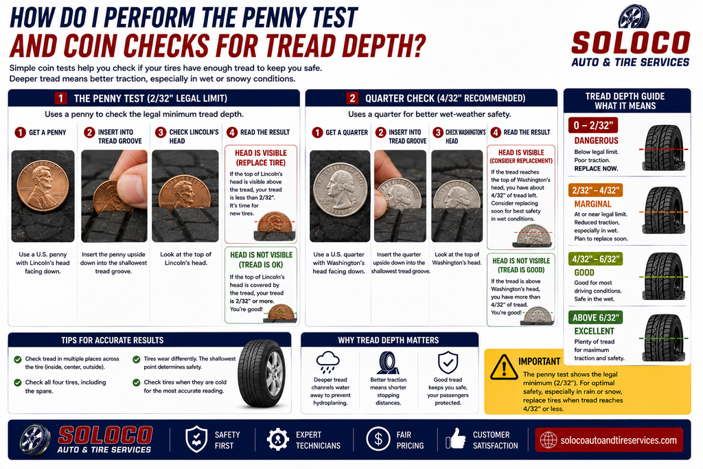 How do I perform the penny test and coin checks for tread depth