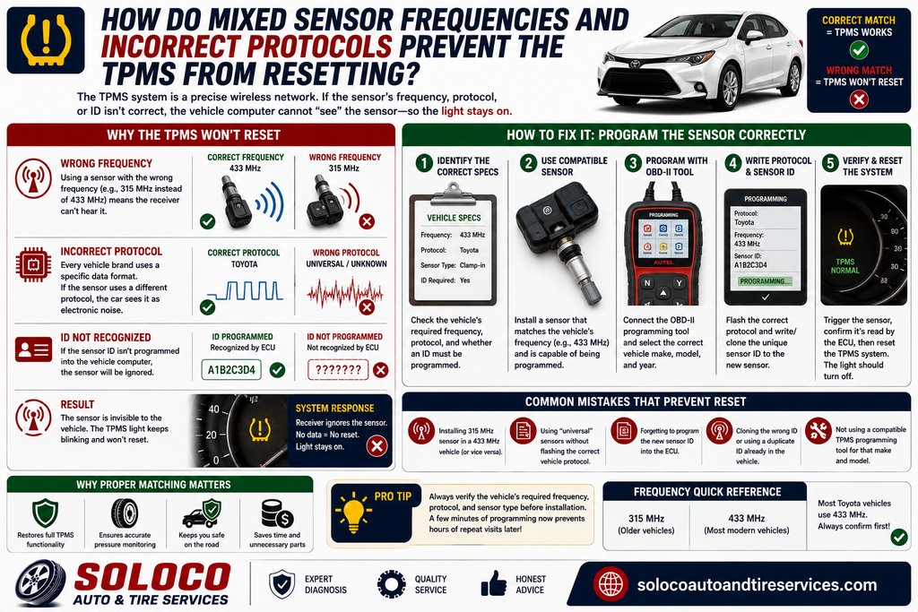 How do mixed sensor frequencies and incorrect protocols prevent the TPMS from resetting