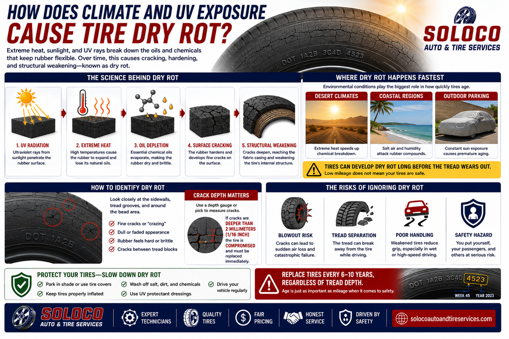 How does climate and UV exposure cause tire dry rot