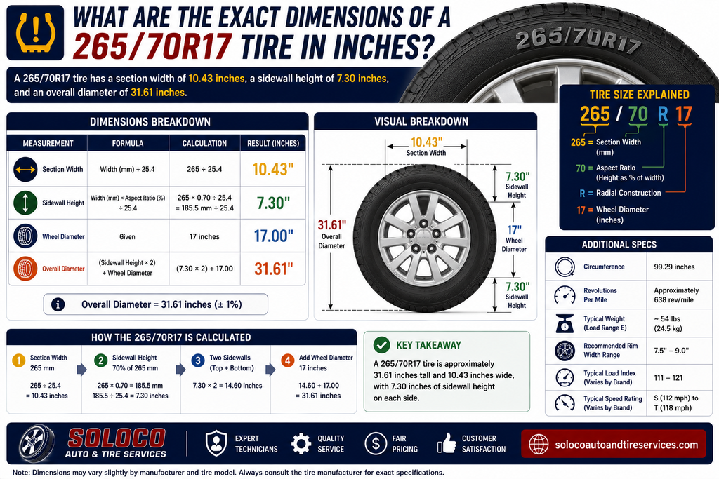 What are the exact dimensions of a 265 and 70R17 tire in inches