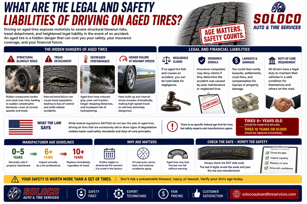 What are the legal and safety liabilities of driving on aged tires