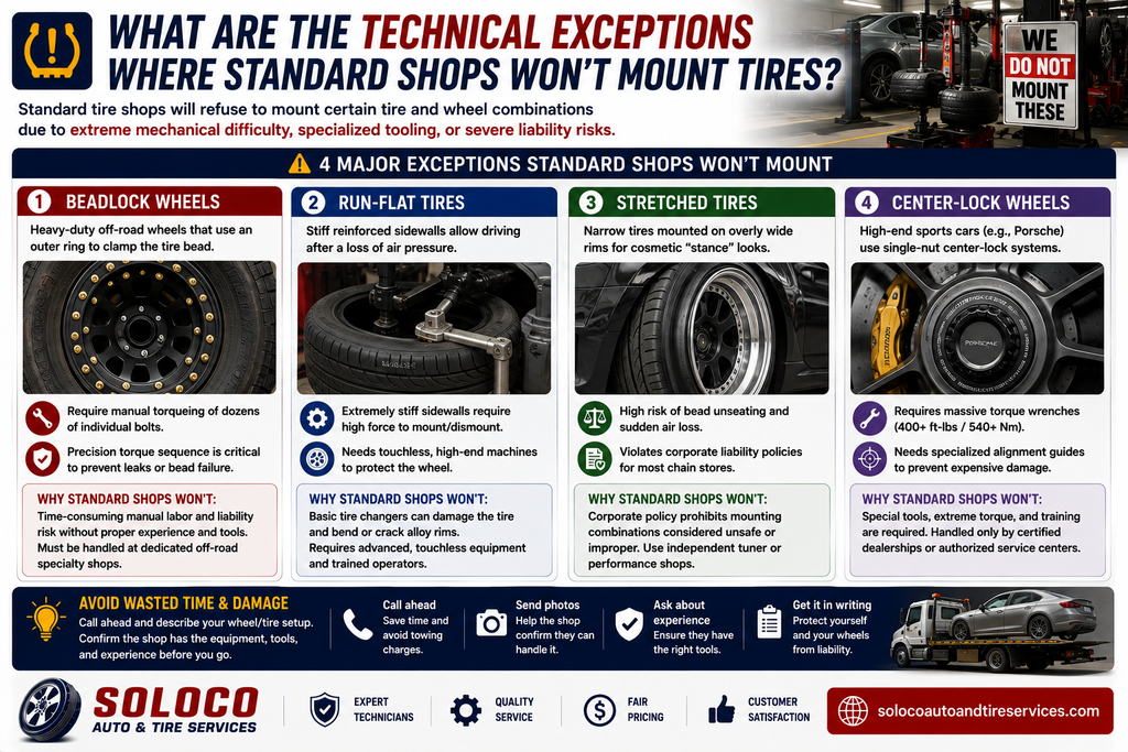 What are the technical exceptions where standard shops won't mount tires
