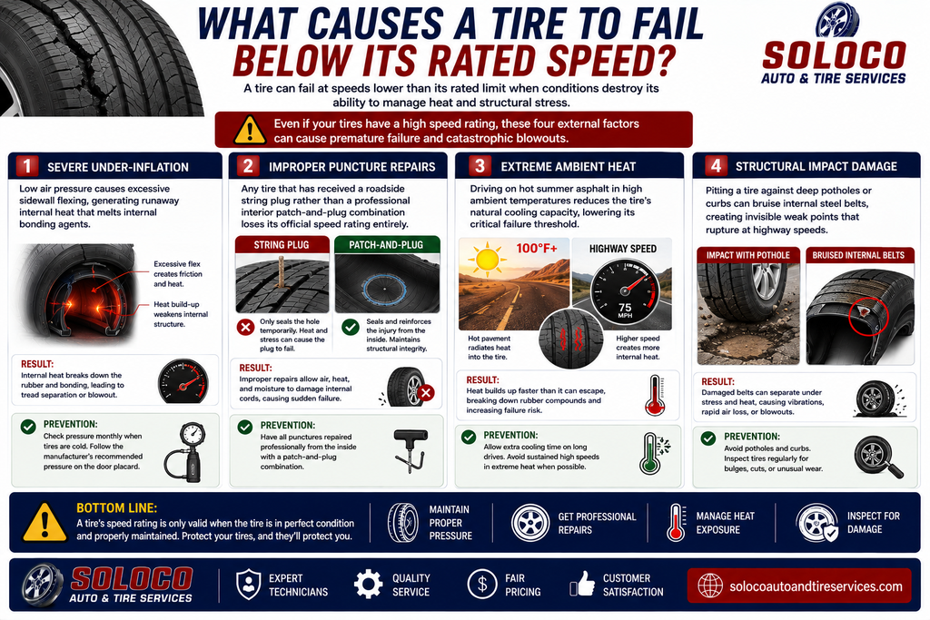 What causes a tire to fail below its rated speed