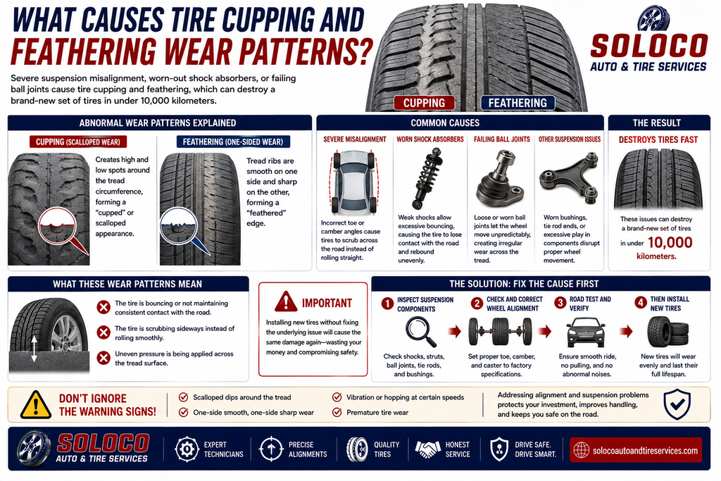What causes tire cupping and feathering wear patterns