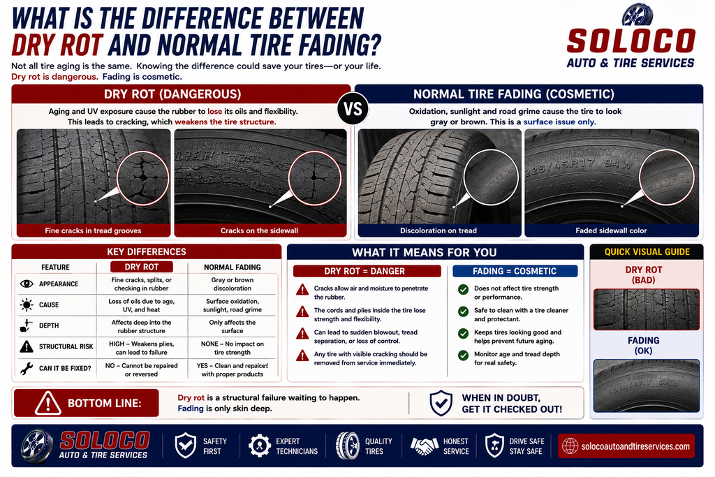 What is the difference between dry rot and normal tire fading