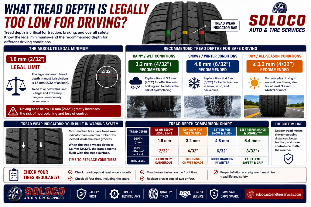 What tread depth is legally too low for driving