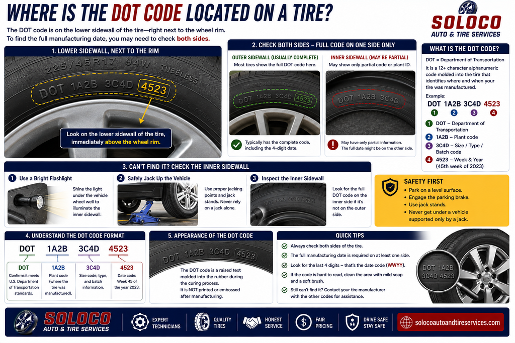 Where is the DOT code located on a tire