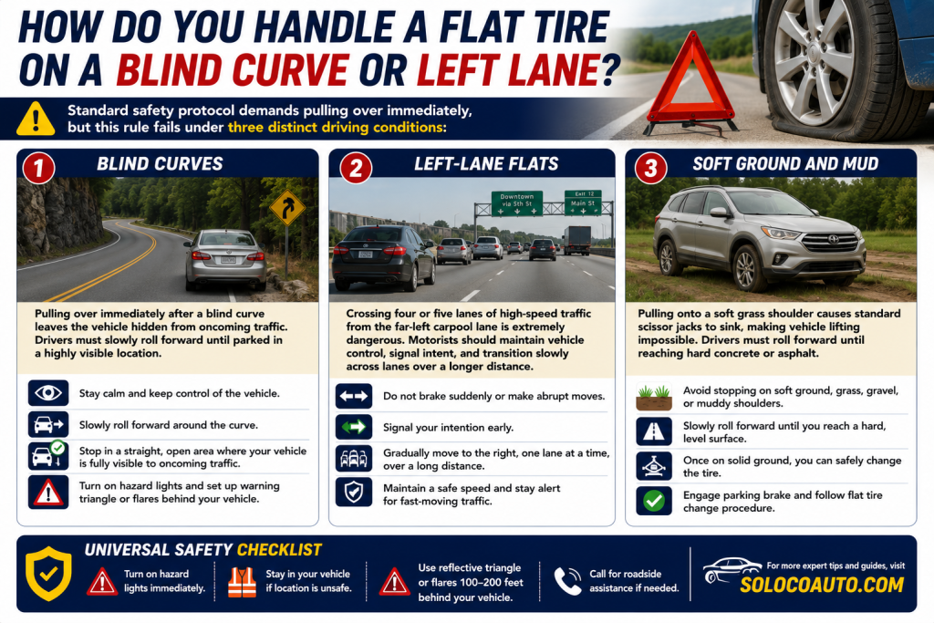 How do you handle a flat tire on a blind curve or left lane