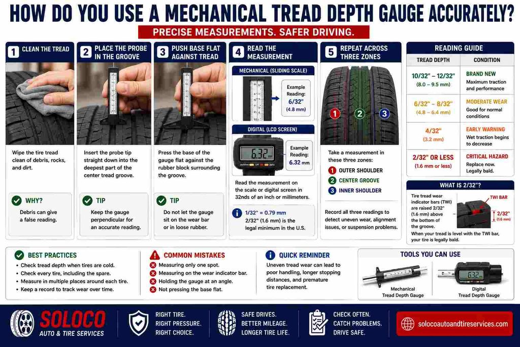 How do you use a mechanical tread depth gauge accurately