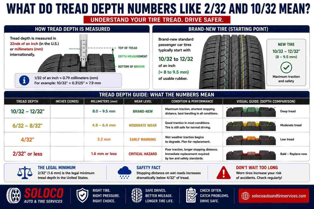 What do tread depth numbers like 2 32 and 10 32 mean