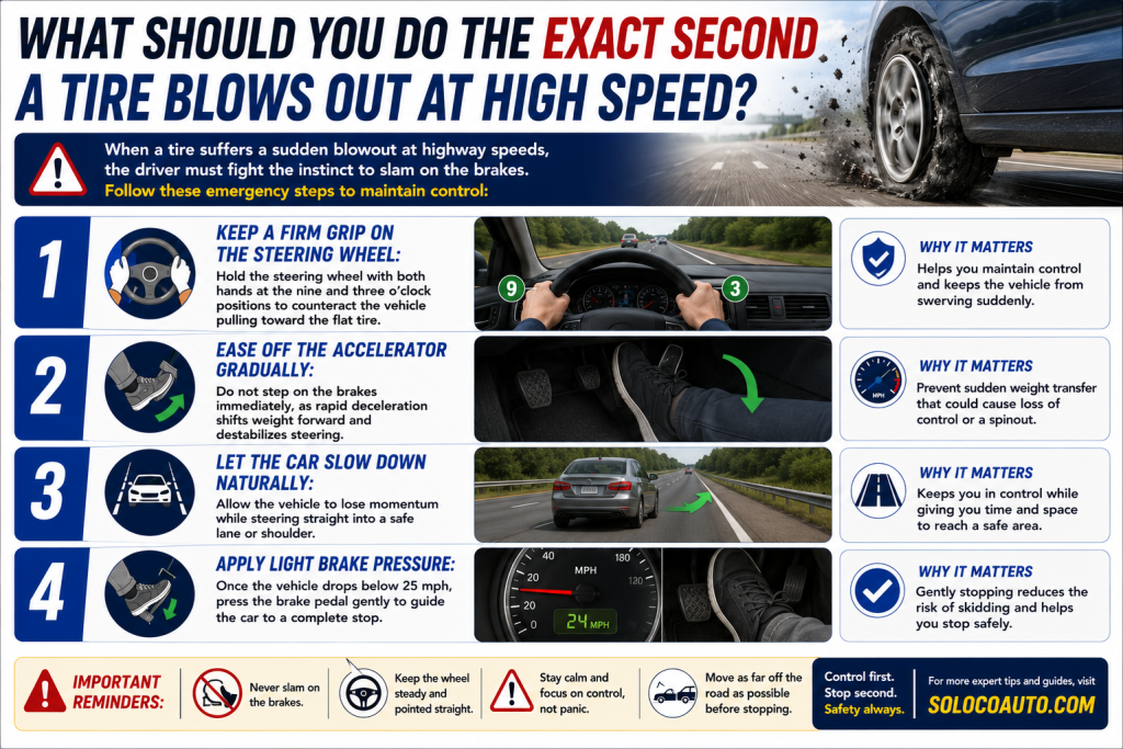 What should you do the exact second a tire blows out at high speed