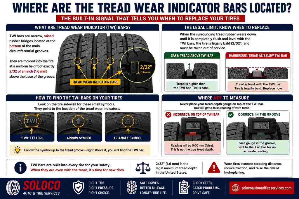 Where are the tread wear indicator bars located