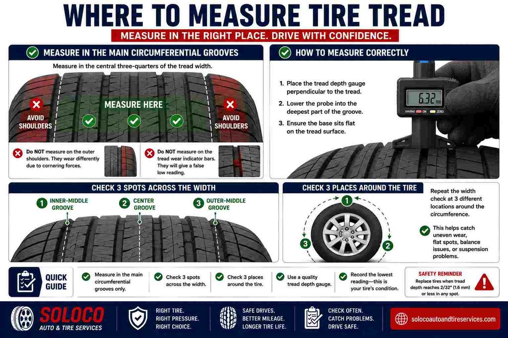 Where to measure tire tread