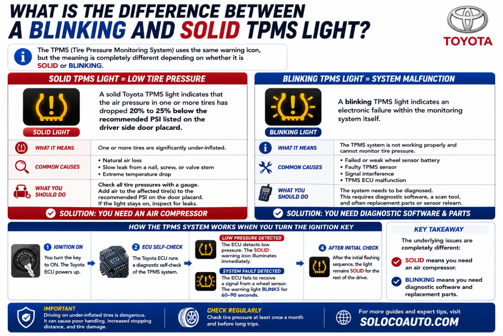 What is the difference between a blinking and solid TPMS light